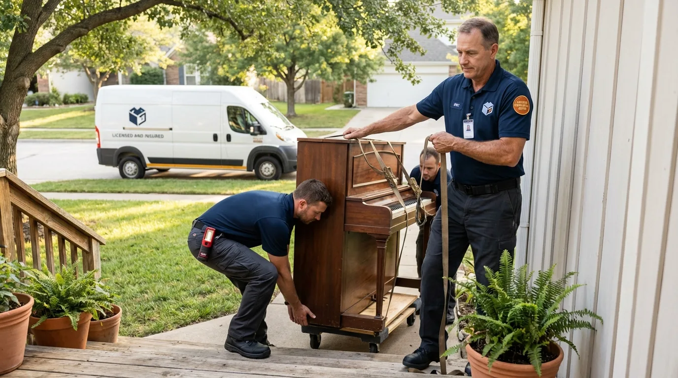 Licensed piano movers securing grand piano in Montrose, PA