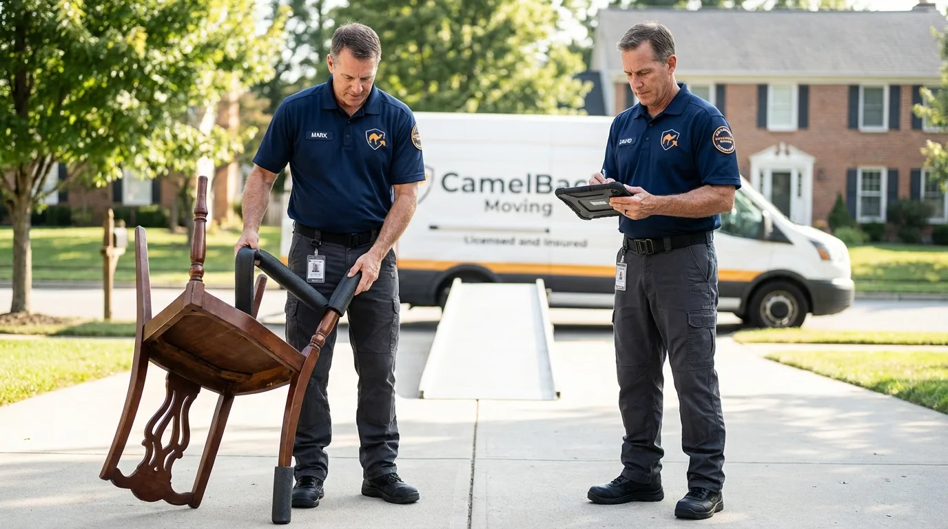 Movers inspecting furniture for damage prevention before loading in Montrose, PA