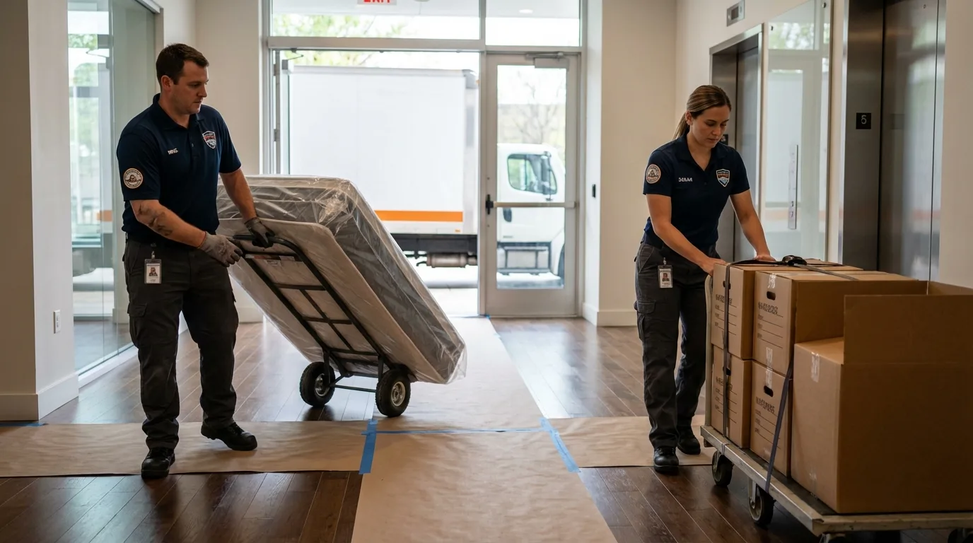 Professional apartment movers loading elevator in Montrose, PA