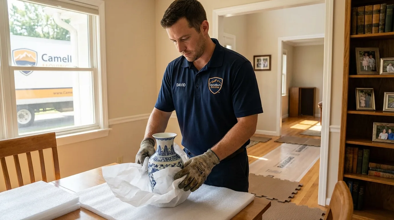Professional crew carefully wrapping antique vase for senior downsizing move in Montrose, PA